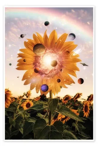 Sunflower surrounded by the planets of the solar system de Gen Z