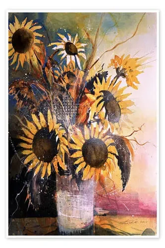 Sunflowers in an old clay vase de Johann Pickl