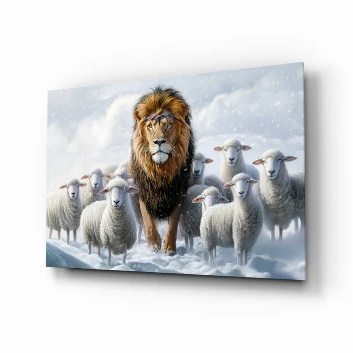 The Lion and the Lambs Snowy Kingdom Glass Wall Art Designer Collection – 28.5 » X 18 «