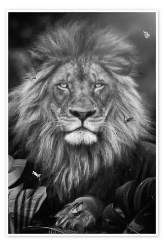 Un león en la jungla rodeado de mariposas de Gen Z