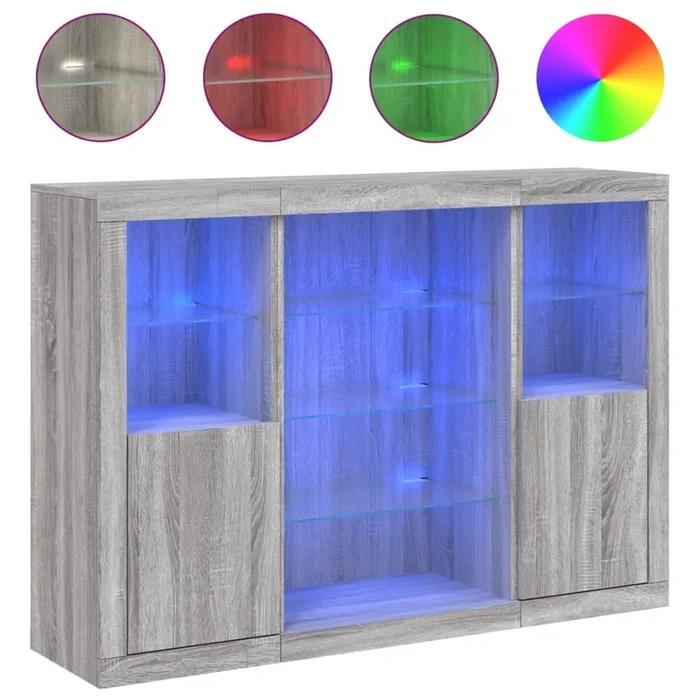vidaXL Aparador con luz LED 3 pzas madera de ingeniería gris Sonoma (3)