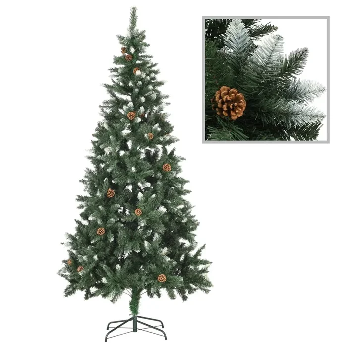 vidaXL Árbol de Navidad artificial con piñas y brillo blanco 210 cm