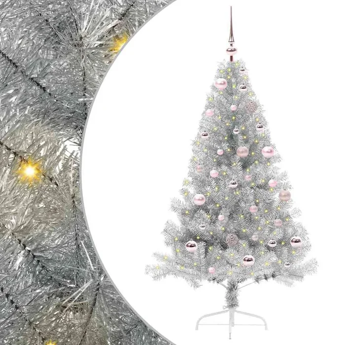 vidaXL Árbol de Navidad Artificial Preiluminado Plateado 150 cm PET (12)