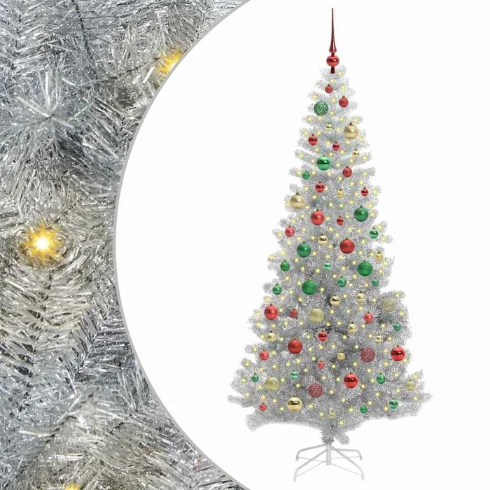 vidaXL Árbol de Navidad con 300 LED con soporte Plateado 180 cm PET (5)