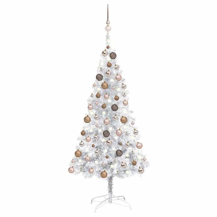 vidaXL Árbol de Navidad preiluminado con luces y bolas plateado 120 cm (2)