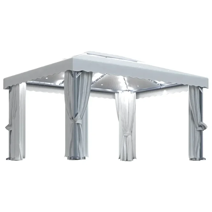 vidaXL Cenador con cortina y tira de luces LED aluminio crema 4×3 m