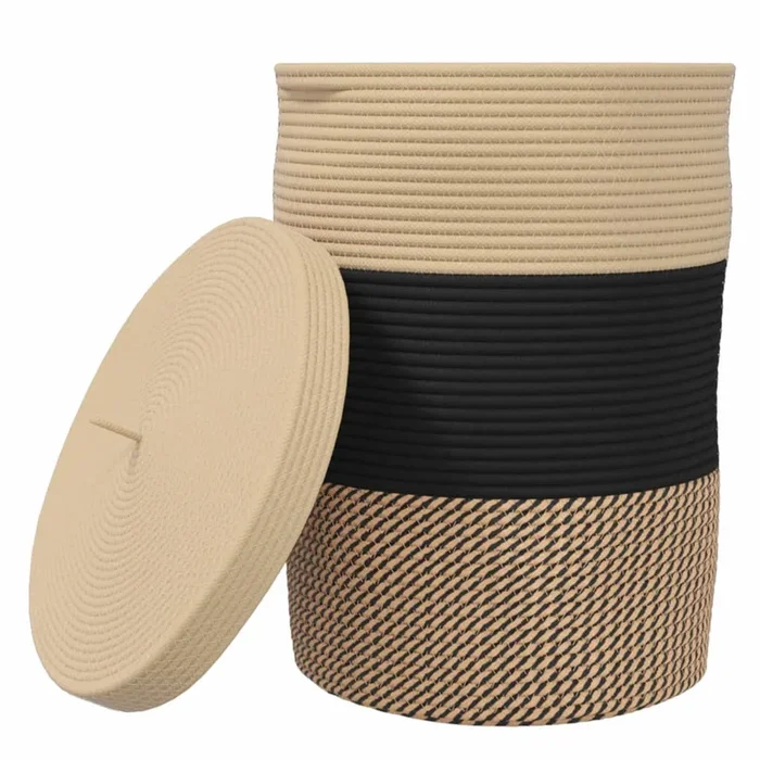 vidaXL Cesta de almacenaje con tapa algodón negro y beige Ø37×50 cm
