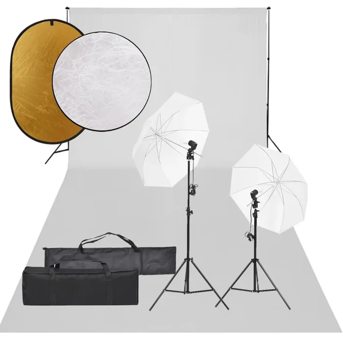 vidaXL Kit de estudio fotográfico con set de luces, fondo y reflector (21)