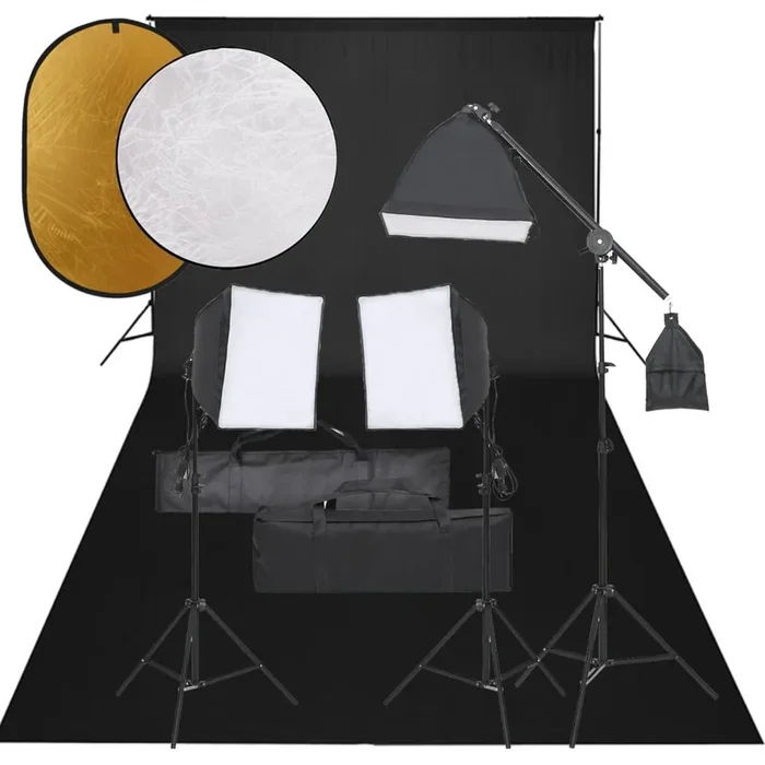 vidaXL Kit de estudio fotográfico con set de luces, fondo y reflector (27)