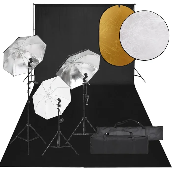 vidaXL Kit de estudio fotográfico con set de luces, fondo y reflector (42)