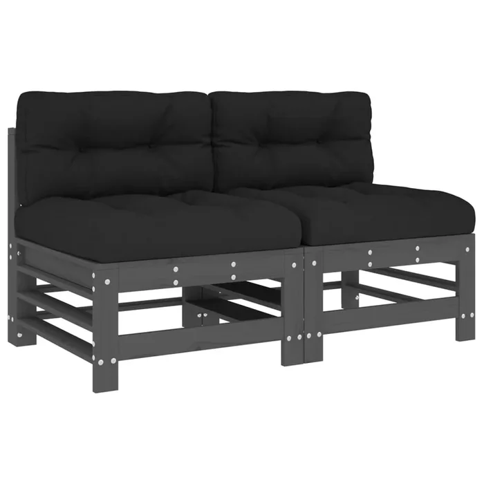 vidaXL Sofás centrales con cojines 2 uds madera maciza de pino gris (3)