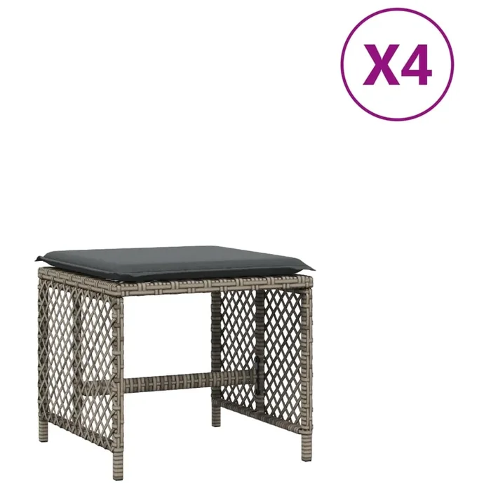 vidaXL Taburetes de jardín con cojines 4 uds ratán PE gris 41x41x36 cm (3)