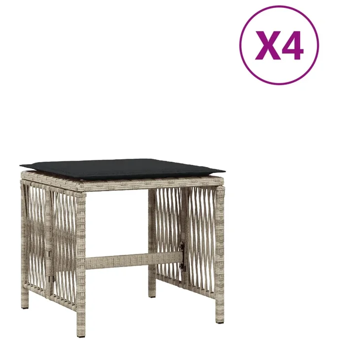 vidaXL Taburetes jardín y cojines 4 uds ratán PE gris claro 41x41x36cm (3)