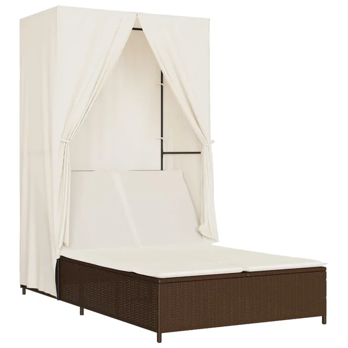 vidaXL Tumbona doble con techo y cortinas ratán sintético marrón (2)