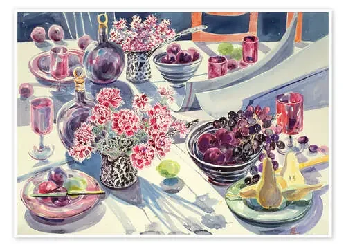 Watercolor kitchen table with fruits and flowers de Elizabeth Jane Lloyd Bridgeman Images
