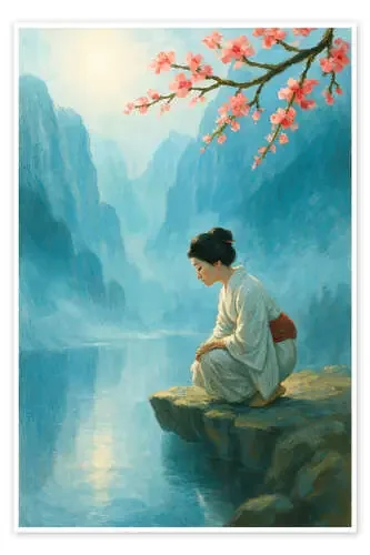 Woman in kimono by mountain lake de Natalie Bruns