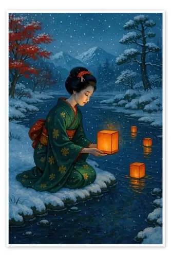Woman in kimono with lanterns on snowy river de Natalie Bruns