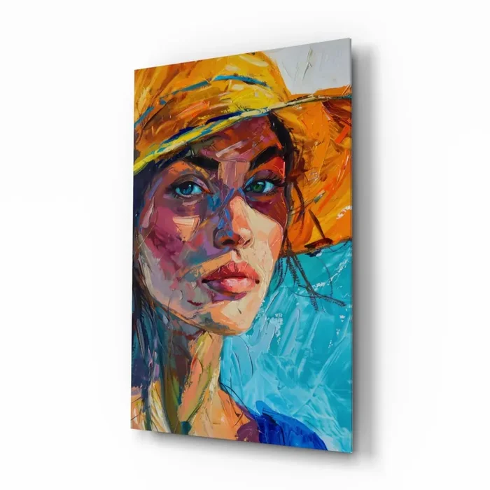 Woman in Orange Hat Glass Wall Art Designer Collection – 28.5 » X 18 «