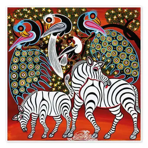 Zebras with peacock de Mzuguno Tanzania Art & Licensing