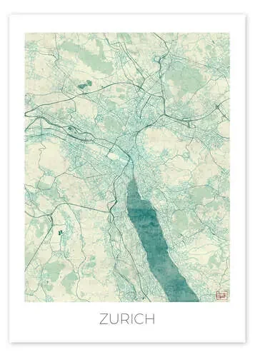 Zurich Map Blue de Hubert Roguski
